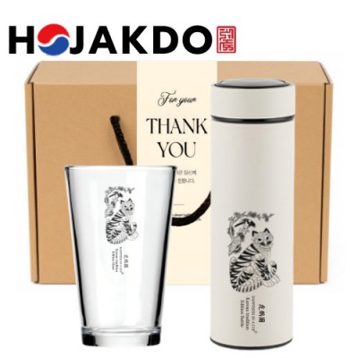 한국전통 K컬쳐 샤이닝 글라스컵 호작도 데일리 텀블러 500ml 선물세트