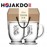 한국전통 K컬쳐 까치와호랑이 호작도 클래식 글라스 머그컵 440ml 2P 선물세트