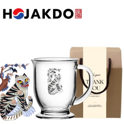 한국전통 K컬쳐 까치와호랑이 호작도 클래식 글라스 머그컵 440ml 1P 선물세트